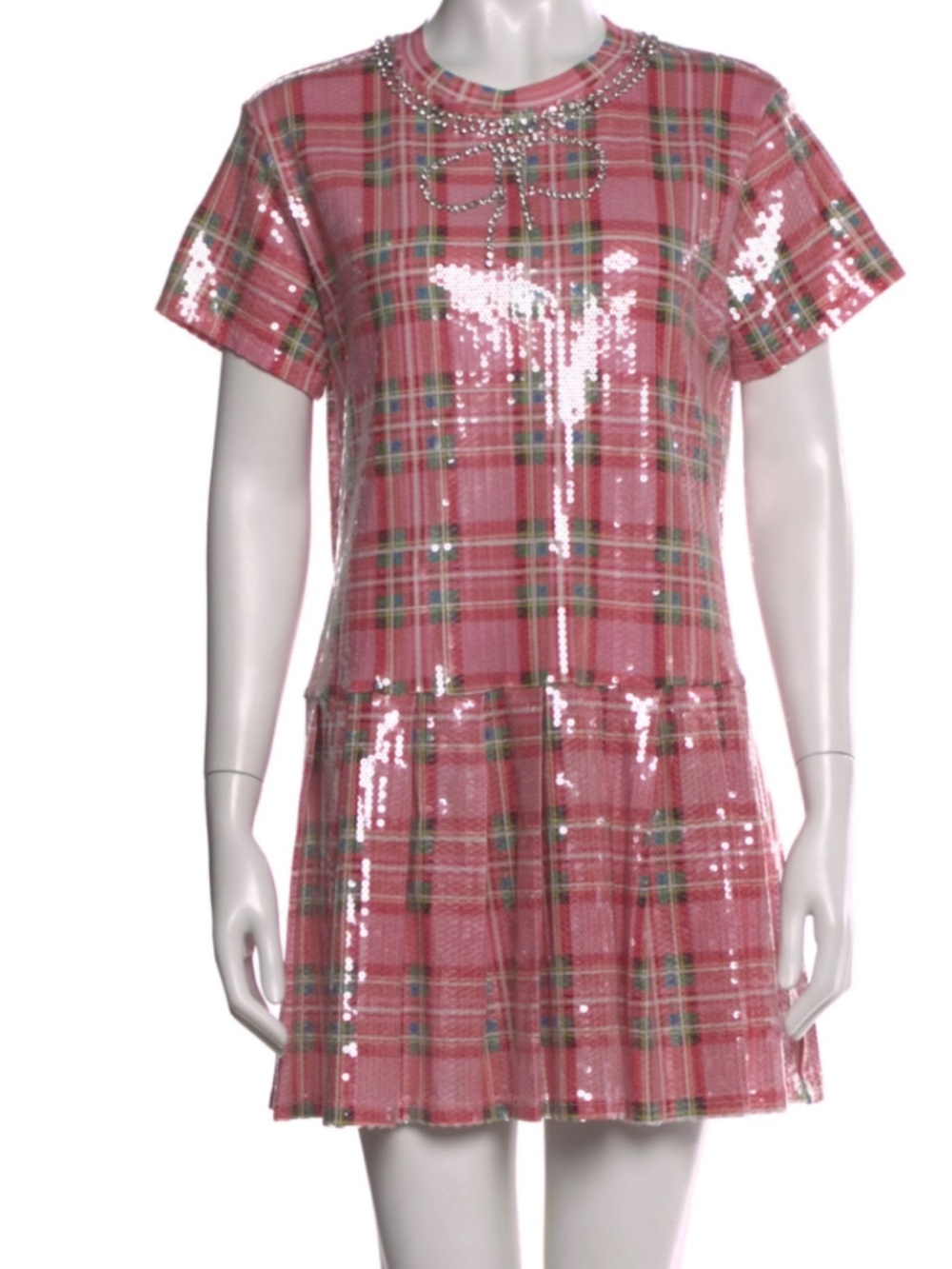 QUEEN OF SPARKLES Pink Plaid Sequin Short-Sleeve Dress